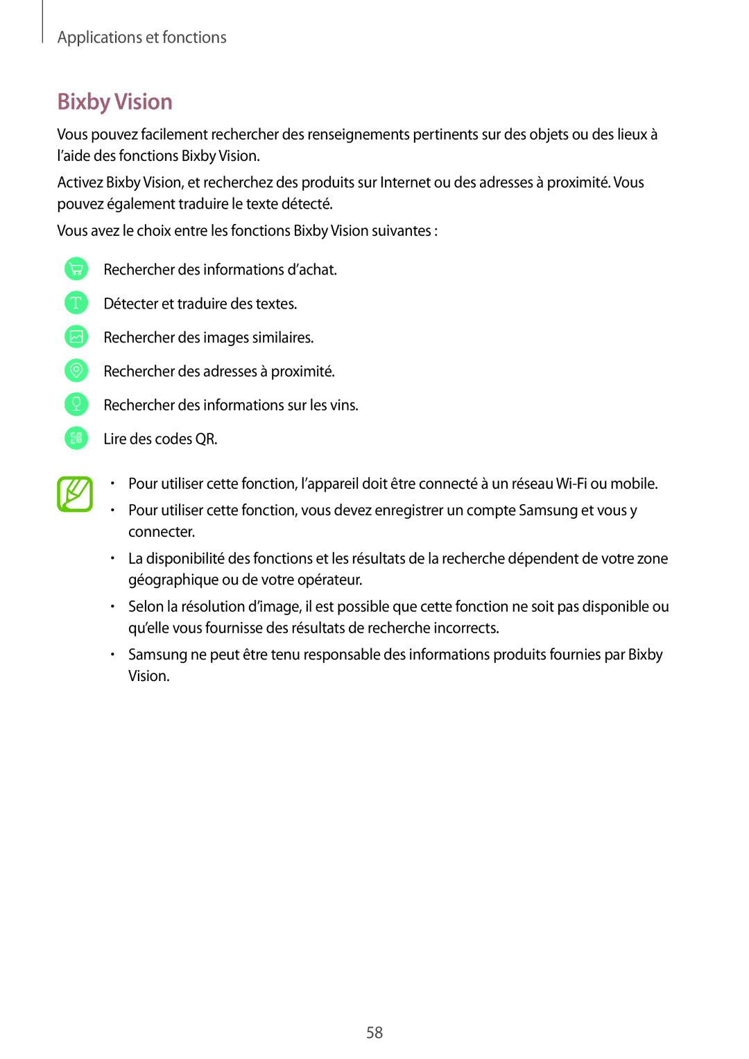 Samsung SM-A530FZDAFTM, SM-A530FZDDXEF, SM-A530FZVDXEF, SM-A530FZKDXEF, SM-A530FZKAFTM, SM-A530FZVAFTM manual Bixby Vision 