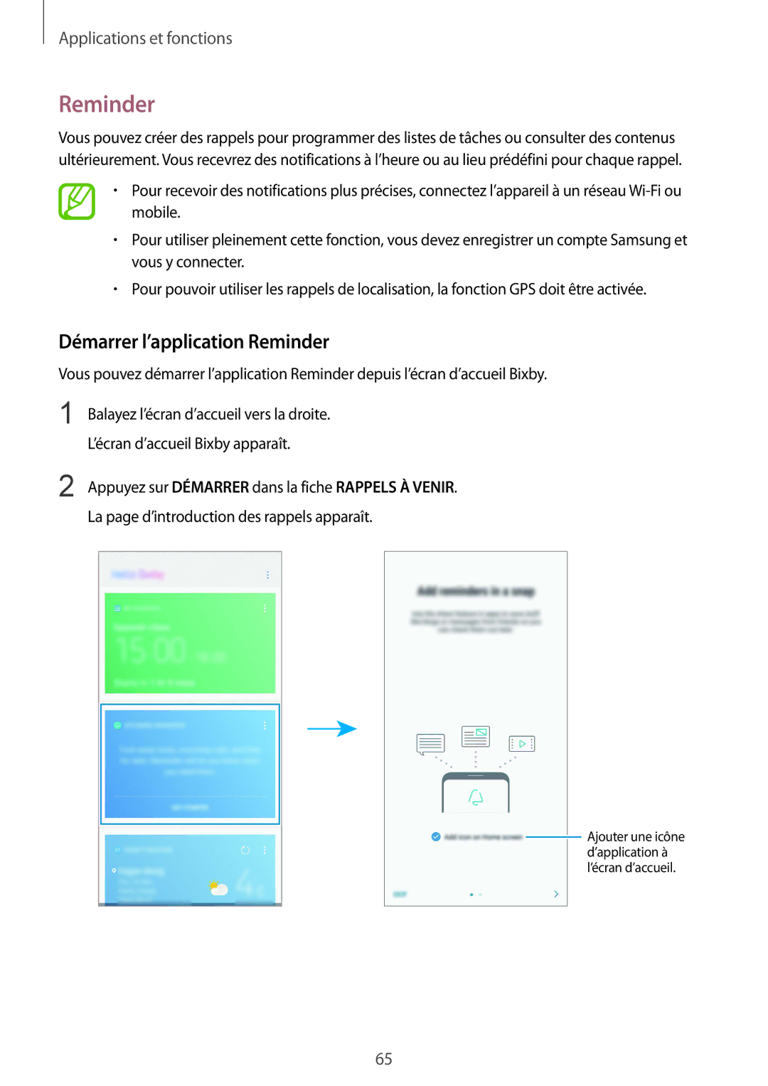 Samsung SM-A530FZVAFTM, SM-A530FZDDXEF, SM-A530FZVDXEF, SM-A530FZKDXEF, SM-A530FZKAFTM Démarrer l’application Reminder 