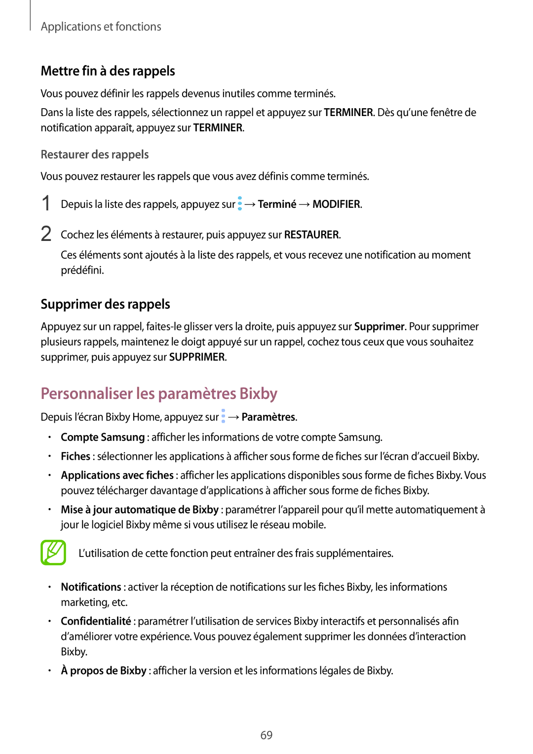 Samsung SM-A530FZKAFTM, SM-A530FZDDXEF Personnaliser les paramètres Bixby, Mettre fin à des rappels, Supprimer des rappels 