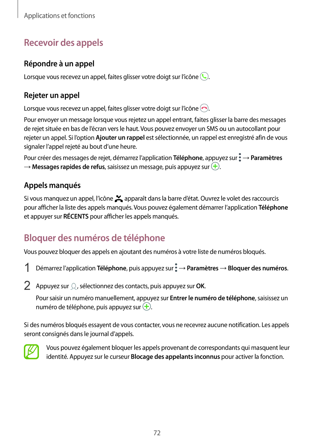 Samsung SM-A530FZDDXEF manual Recevoir des appels, Bloquer des numéros de téléphone, Répondre à un appel, Rejeter un appel 