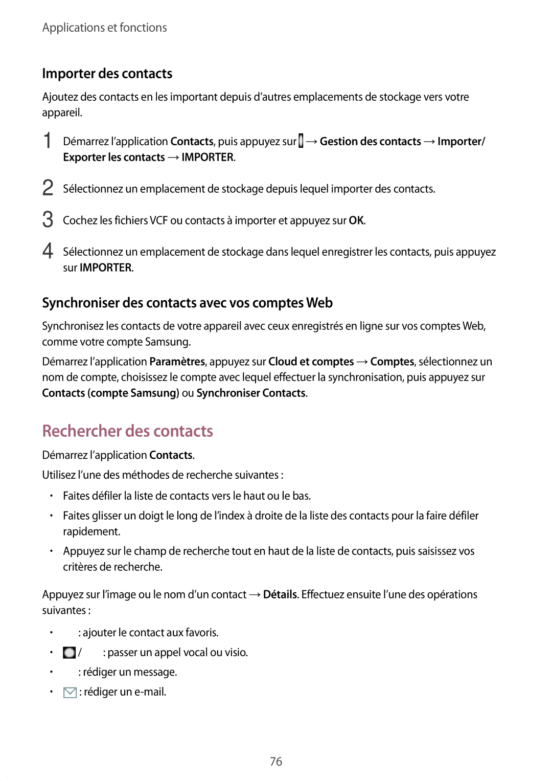 Samsung SM-A530FZDAFTM Rechercher des contacts, Importer des contacts, Synchroniser des contacts avec vos comptes Web 