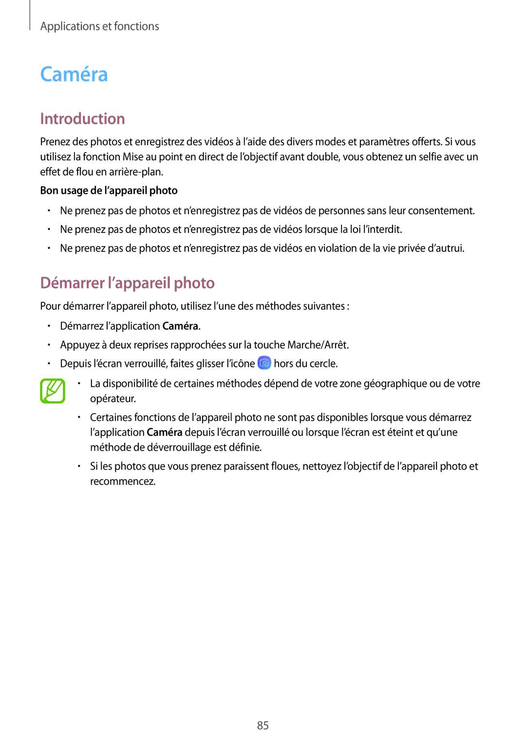 Samsung SM-A530FZVDXEF, SM-A530FZDDXEF, SM-A530FZKDXEF Caméra, Démarrer l’appareil photo, Bon usage de l’appareil photo 