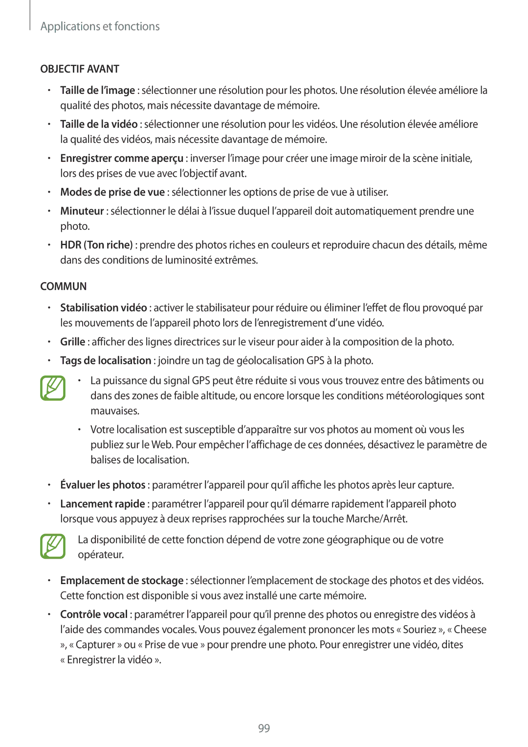 Samsung SM-A530FZKAFTM, SM-A530FZDDXEF, SM-A530FZVDXEF, SM-A530FZKDXEF, SM-A530FZDAFTM, SM-A530FZVAFTM manual Objectif Avant 