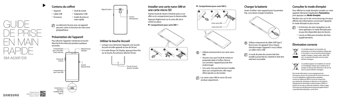 Samsung SM-A530FZVDXEF manual Contenu du coffret, Présentation de l’appareil, Charger la batterie, Élimination correcte 