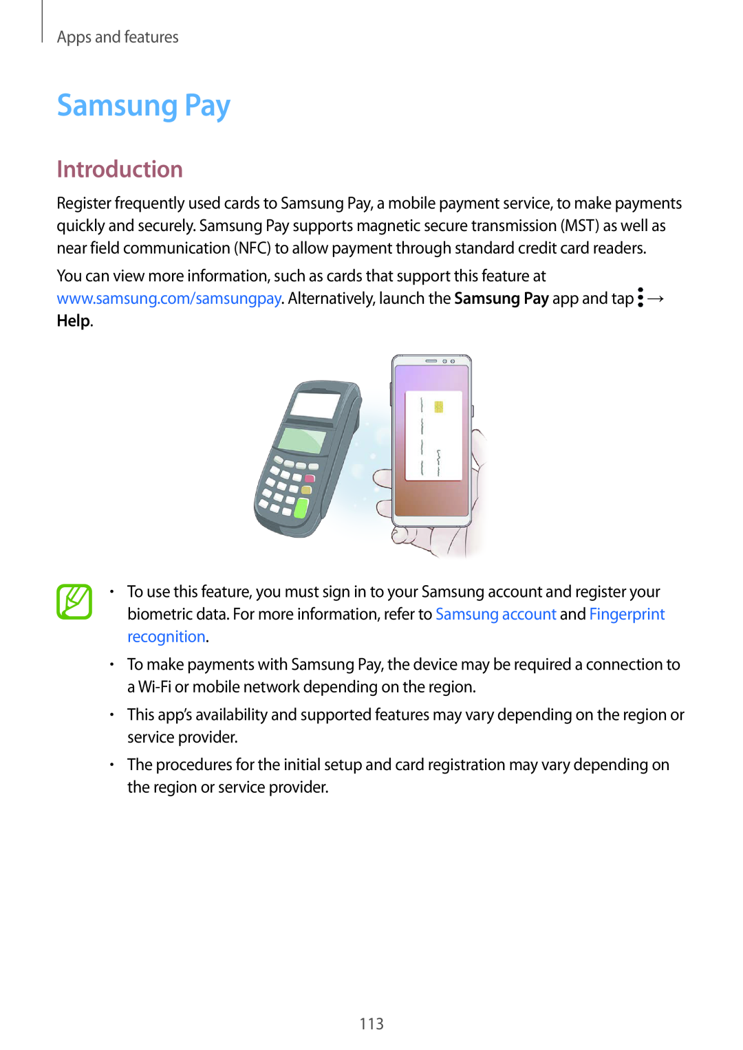 Samsung SM-A730FZDEILO, SM-A530FZDDXEF, SM-A530FZVDXEF, SM-A530FZKDXEF manual Samsung Pay, Introduction, Apps and features 