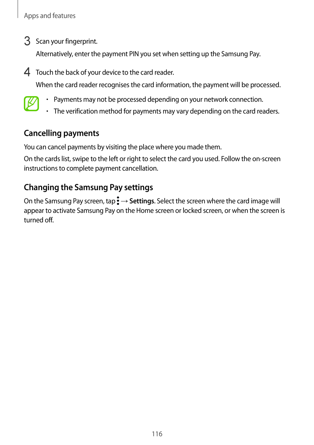 Samsung SM-A530FZDEILO, SM-A530FZDDXEF manual Cancelling payments, Changing the Samsung Pay settings, Apps and features 