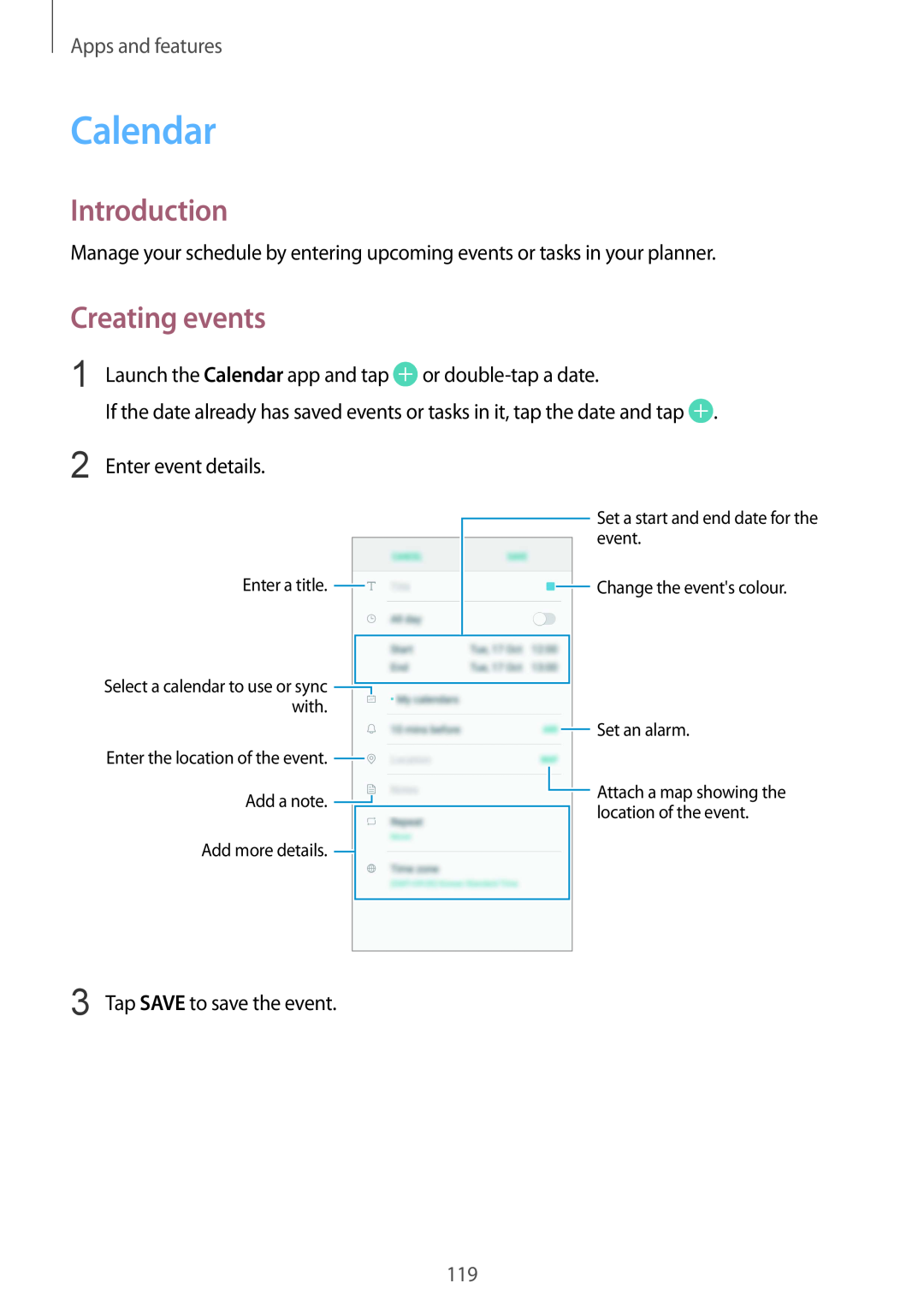 Samsung SM-A530FZVAPAN, SM-A530FZDDXEF, SM-A530FZVDXEF manual Calendar, Creating events, Introduction, Apps and features 