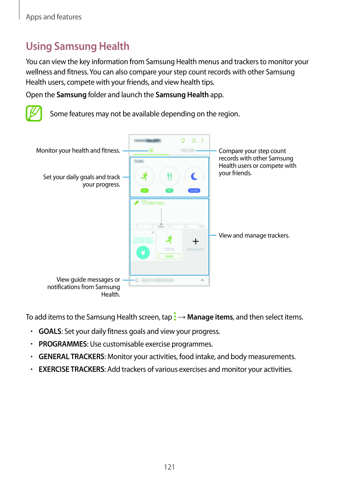 Samsung SM-A530FZDAPAN Using Samsung Health, Apps and features, Monitor your health and fitness, View and manage trackers 