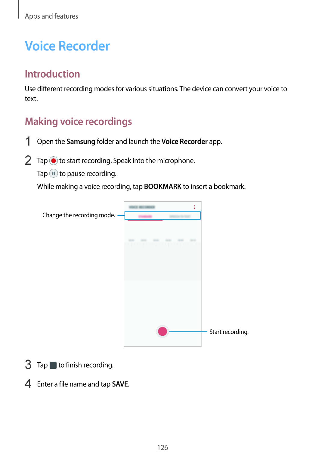 Samsung SM-A530FZDDSER, SM-A530FZDDXEF manual Voice Recorder, Making voice recordings, Introduction, Apps and features 