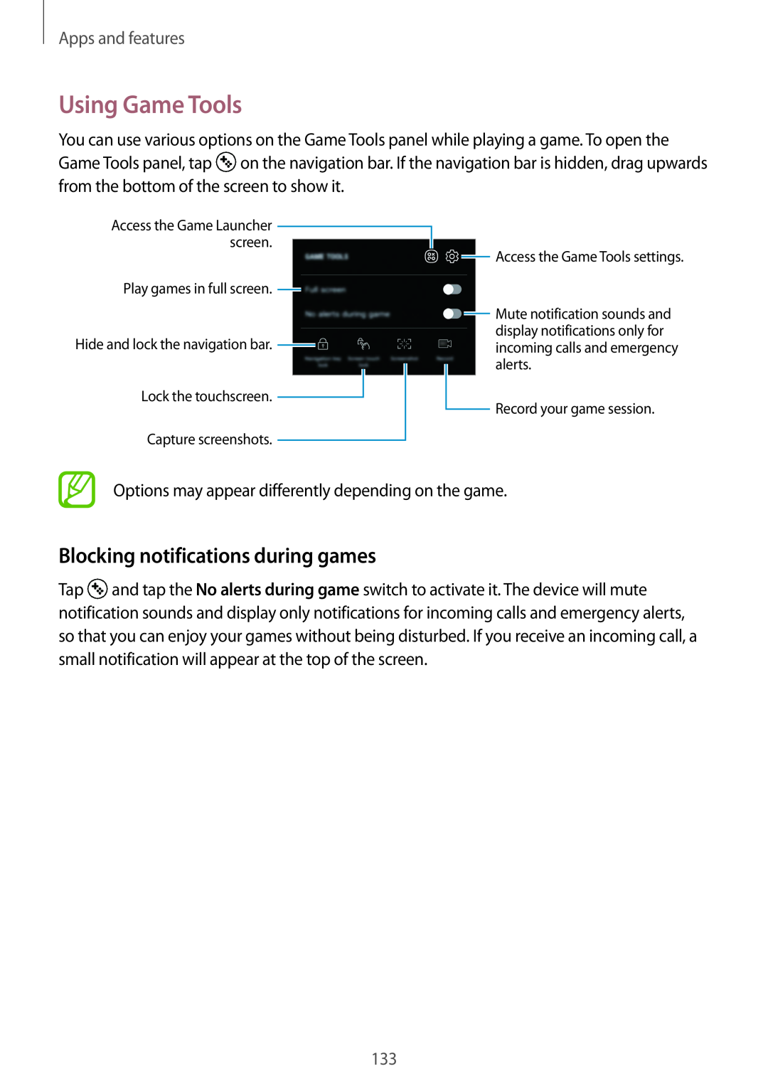 Samsung SM-A530FZVAFTM, SM-A530FZDDXEF manual Using Game Tools, Blocking notifications during games, Apps and features 