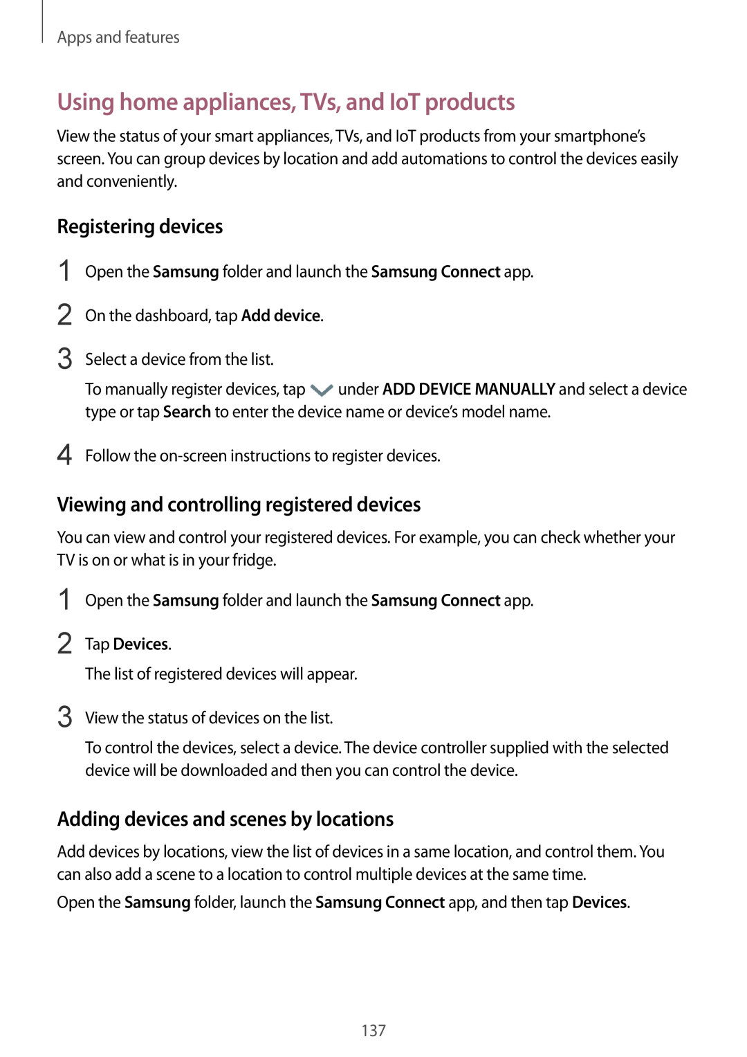 Samsung SM-A530FZKAOMN Using home appliances, TVs, and IoT products, Registering devices, Tap Devices, Apps and features 