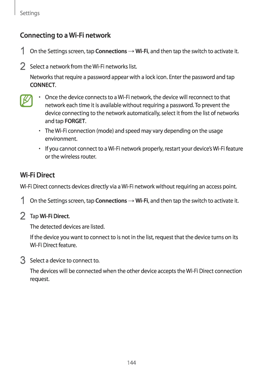 Samsung SM-A530FZVETUR, SM-A530FZDDXEF, SM-A530FZVDXEF manual Connecting to a Wi-Fi network, Tap Wi-Fi Direct, Settings 
