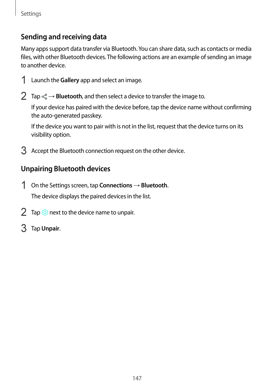 Samsung SM-A530FZVAOMN, SM-A530FZDDXEF manual Sending and receiving data, Unpairing Bluetooth devices, Tap Unpair, Settings 