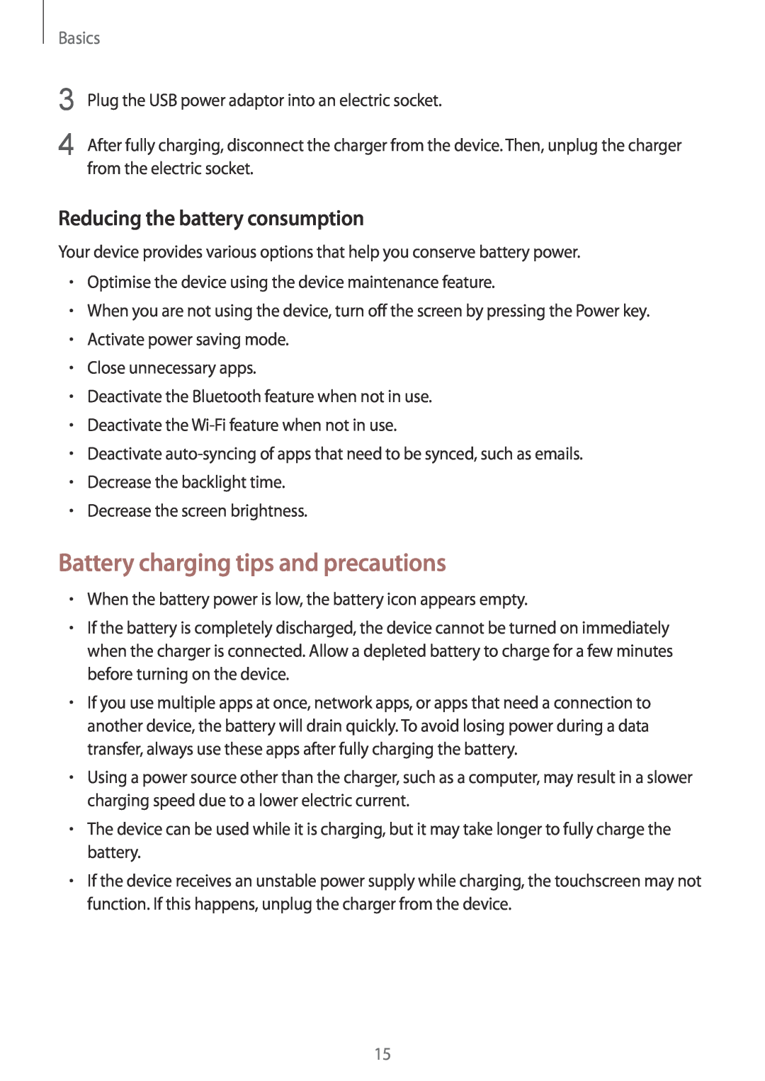 Samsung SM-A530FZVDITV, SM-A530FZDDXEF Battery charging tips and precautions, Reducing the battery consumption, Basics 