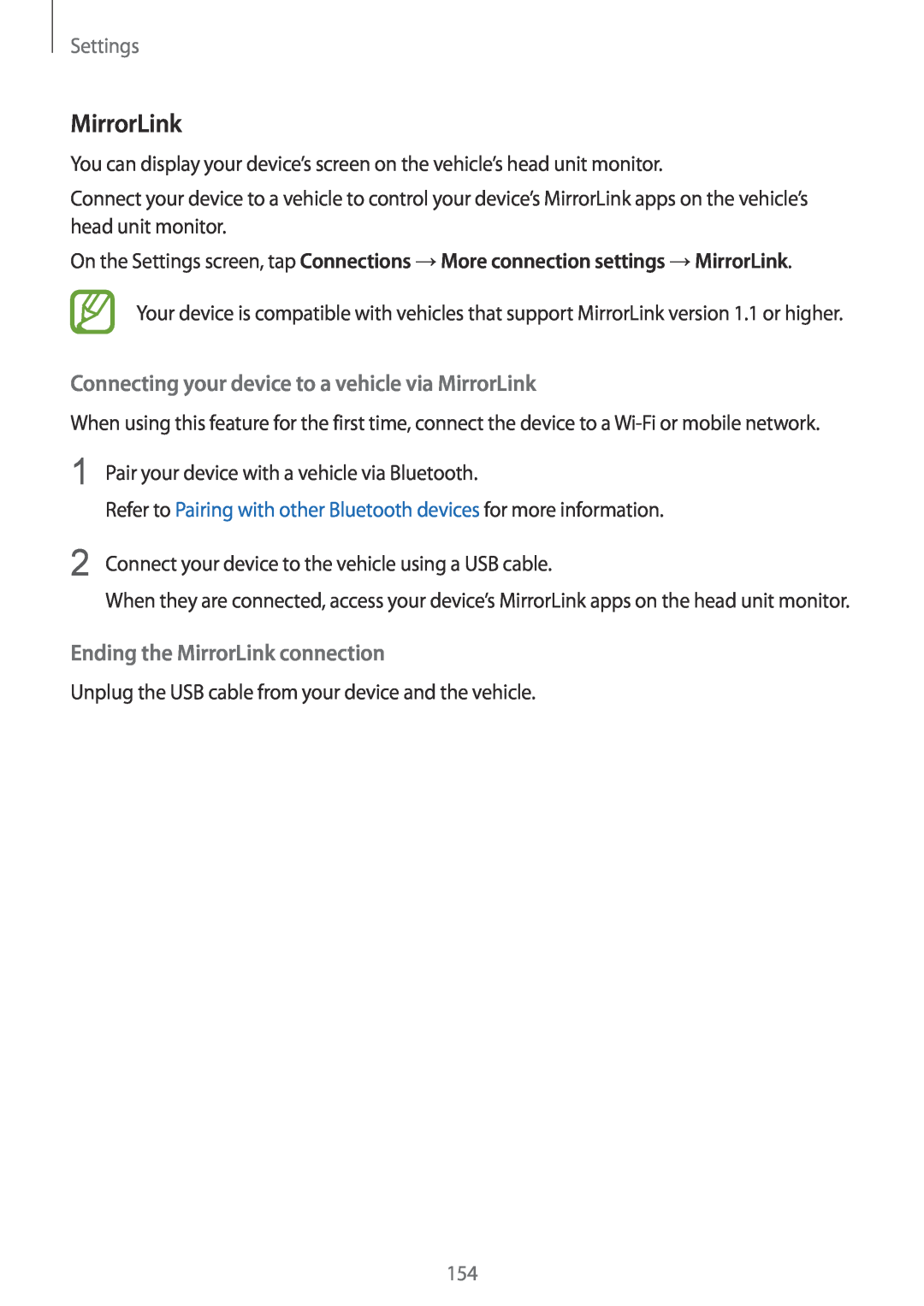 Samsung SM-A530FZKGKSA Connecting your device to a vehicle via MirrorLink, Ending the MirrorLink connection, Settings 
