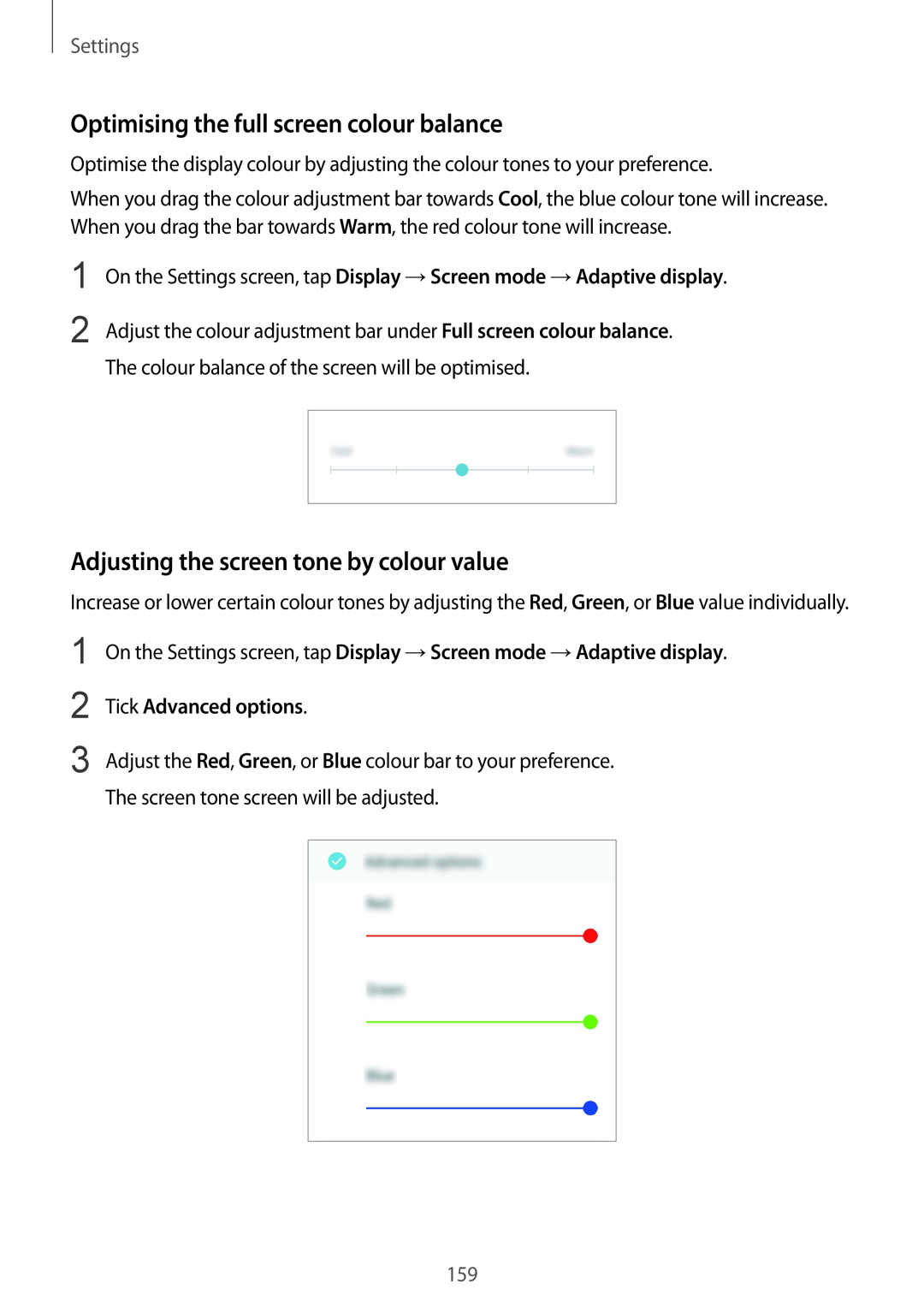 Samsung SM-A530FZVDXEZ Optimising the full screen colour balance, Adjusting the screen tone by colour value, Settings 