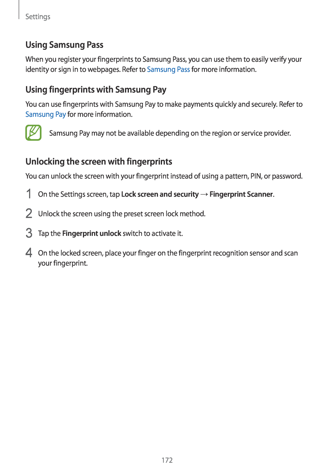 Samsung SM-A530FZVDCYV Using Samsung Pass, Using fingerprints with Samsung Pay, Unlocking the screen with fingerprints 