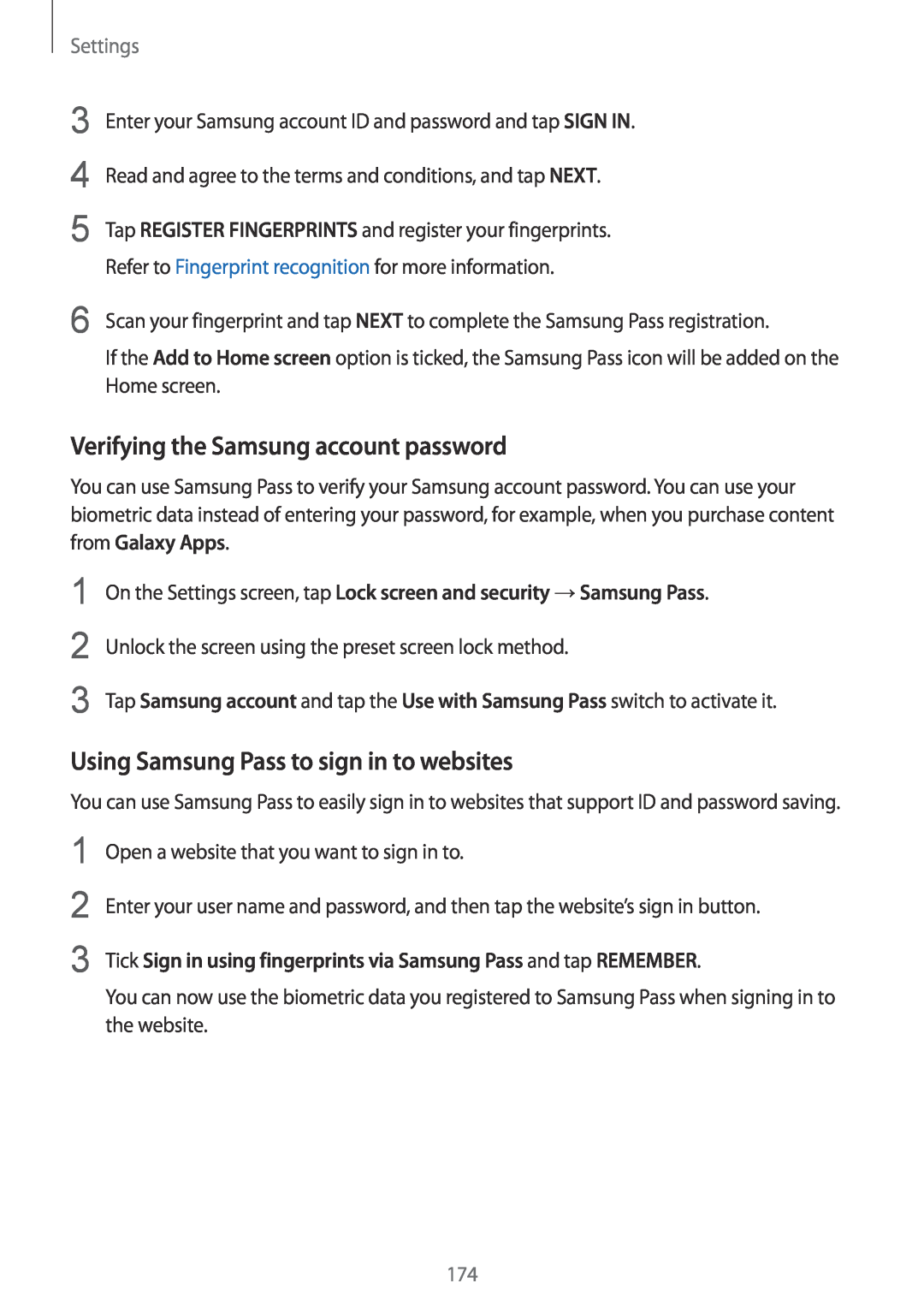 Samsung SM-A530FZDDXEH manual Verifying the Samsung account password, Using Samsung Pass to sign in to websites, Settings 