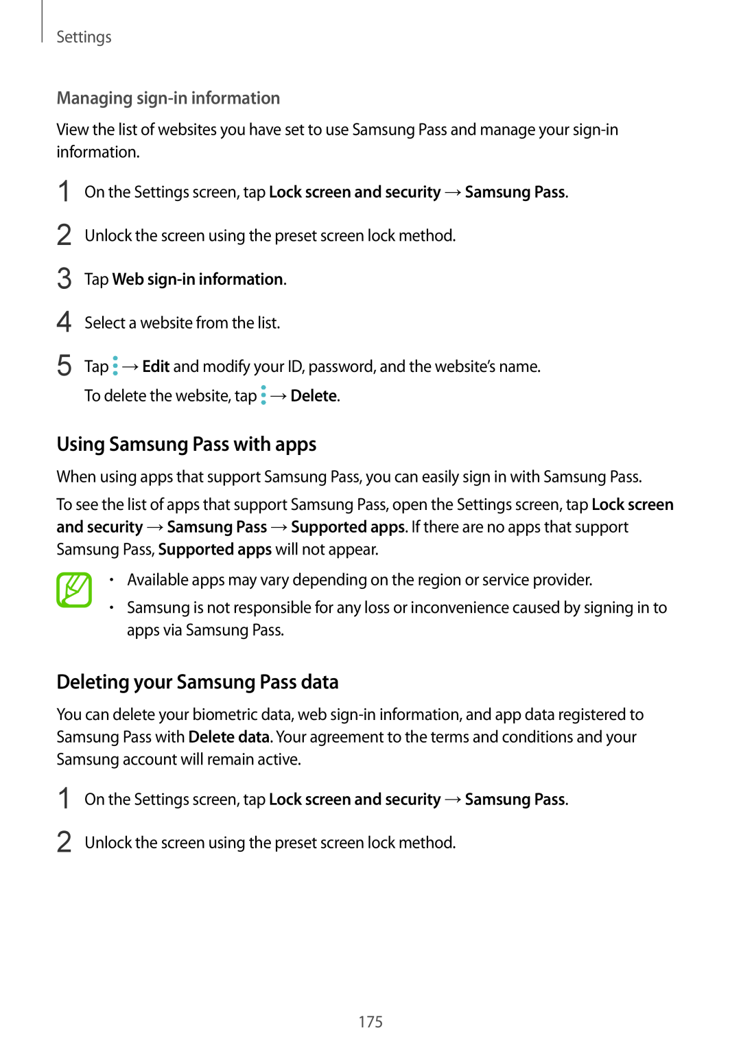 Samsung SM-A730FZKEILO manual Using Samsung Pass with apps, Deleting your Samsung Pass data, Managing sign-in information 