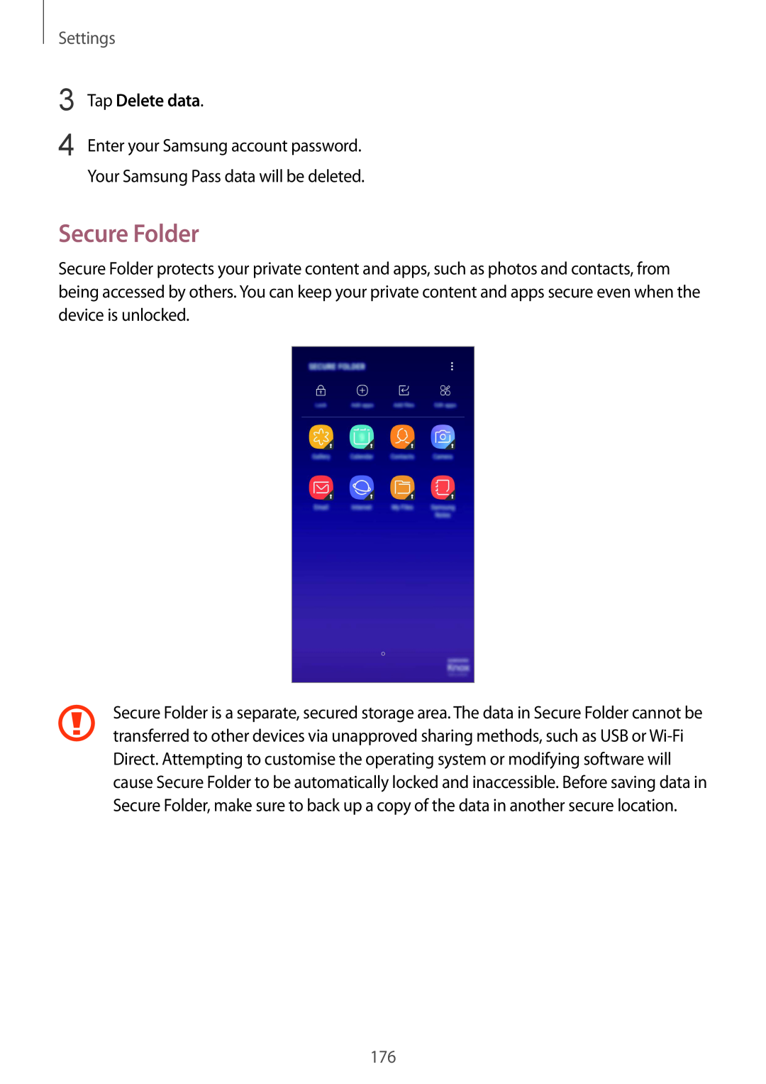 Samsung SM-A730FZVEILO, SM-A530FZDDXEF, SM-A530FZVDXEF, SM-A530FZKDXEF manual Secure Folder, Tap Delete data, Settings 