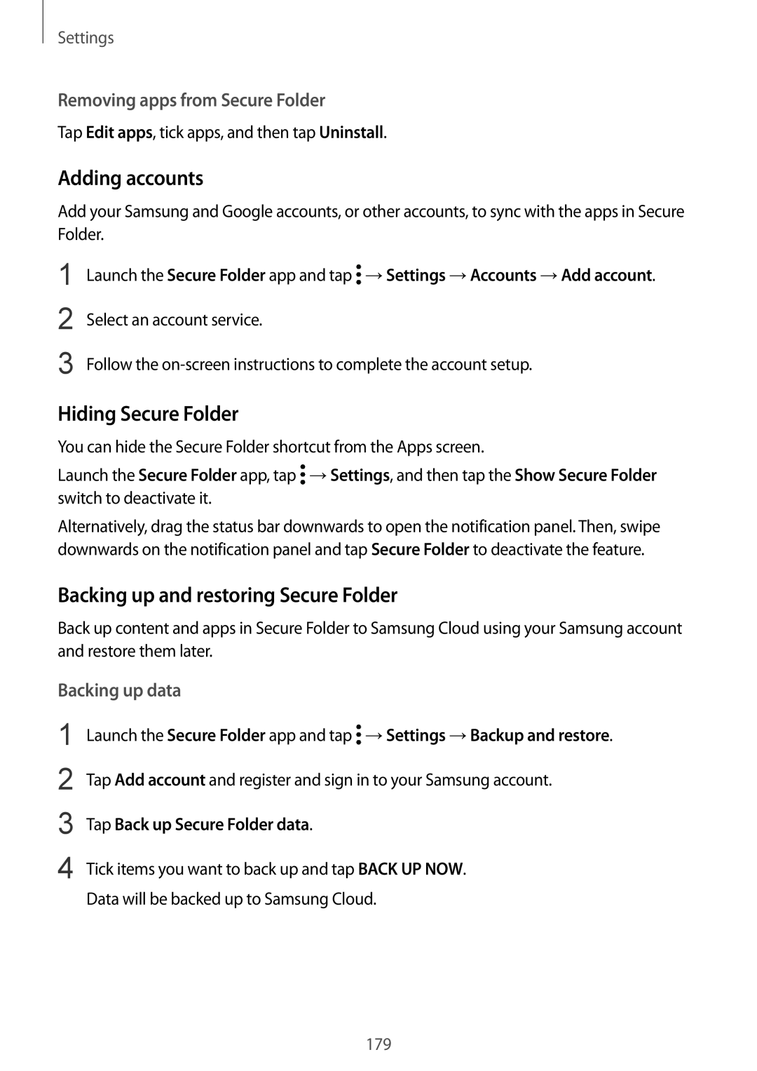 Samsung SM-A530FZKEILO Adding accounts, Hiding Secure Folder, Backing up and restoring Secure Folder, Backing up data 