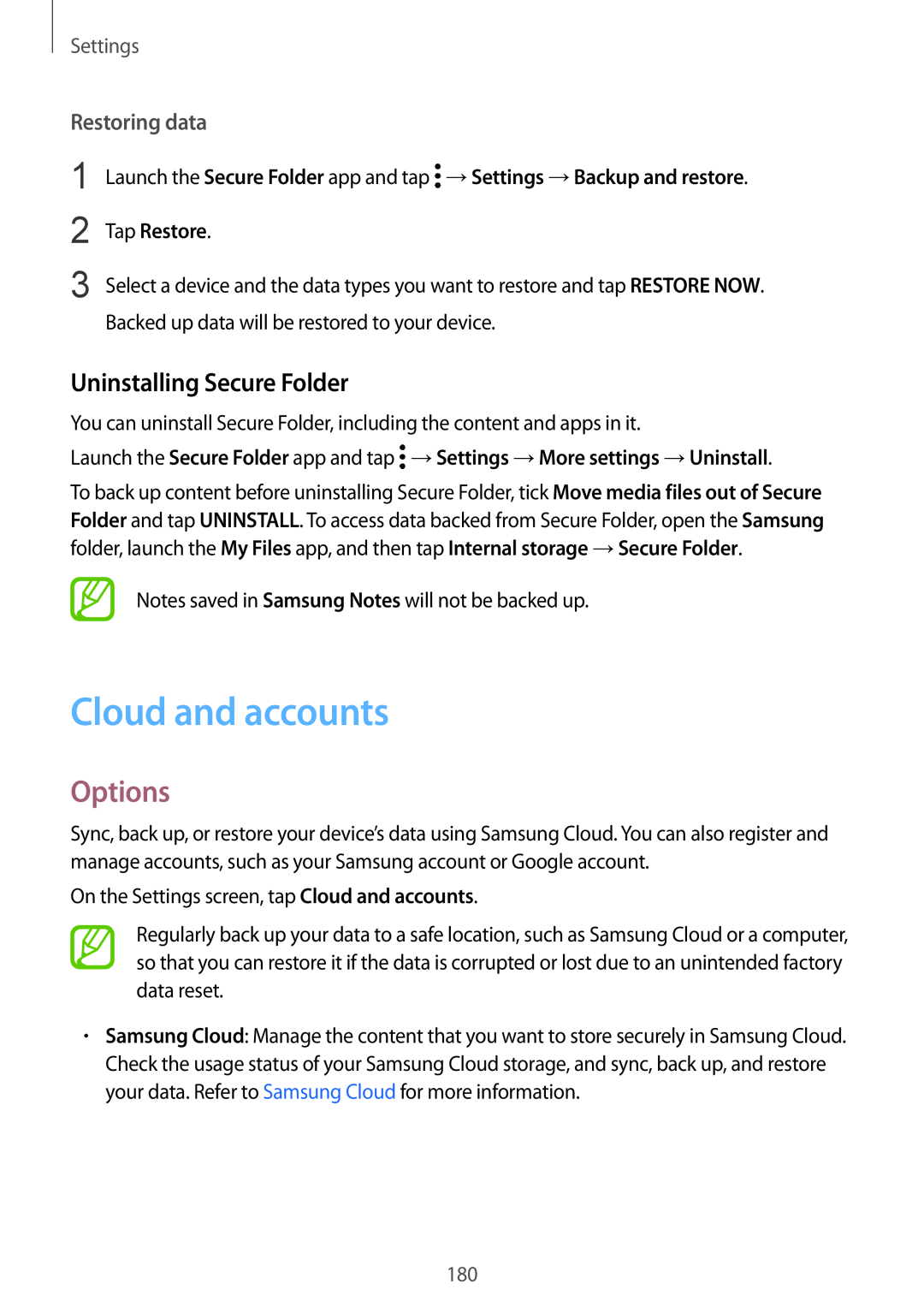 Samsung SM-A530FZDEILO Cloud and accounts, Uninstalling Secure Folder, Restoring data, Tap Restore, Options, Settings 