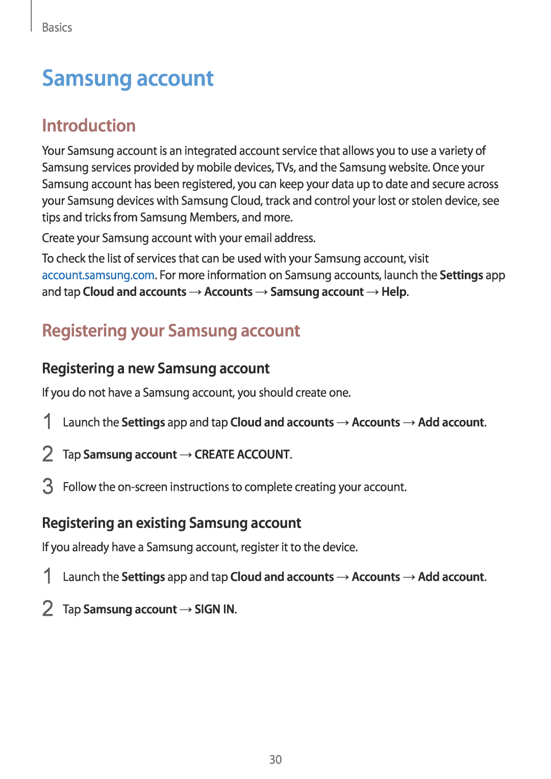 Samsung SM-A530FZKAO2C manual Introduction, Registering your Samsung account, Registering a new Samsung account, Basics 