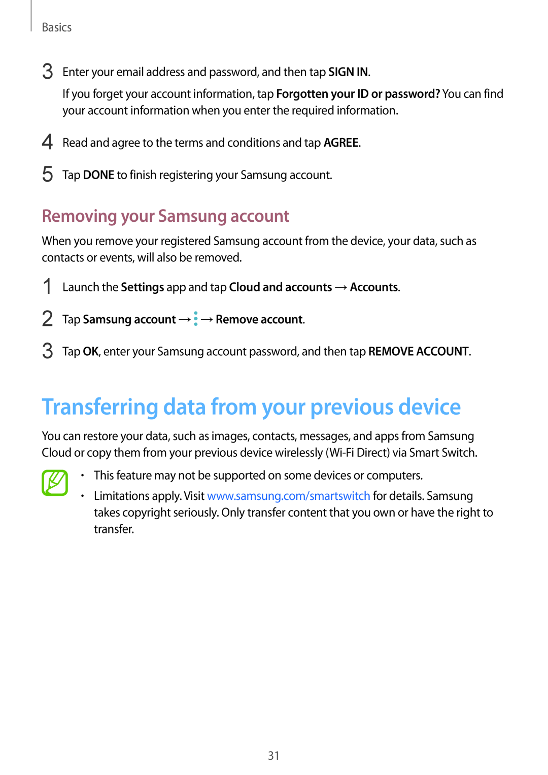 Samsung SM-A530FZVDXEZ manual Transferring data from your previous device, Tap Samsung account → →Remove account, Basics 