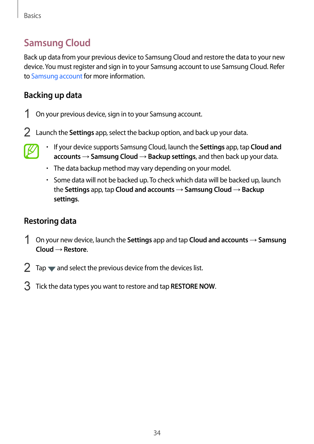 Samsung SM-A530FZKAVGR, SM-A530FZDDXEF, SM-A530FZVDXEF manual Samsung Cloud, Backing up data, Restoring data, Basics 