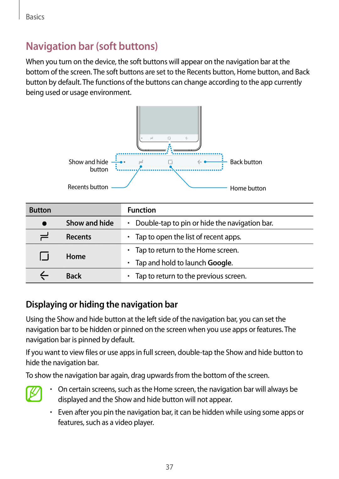 Samsung SM-A530FZKAEUR Navigation bar soft buttons, Displaying or hiding the navigation bar, Button, Recents, Home, Back 