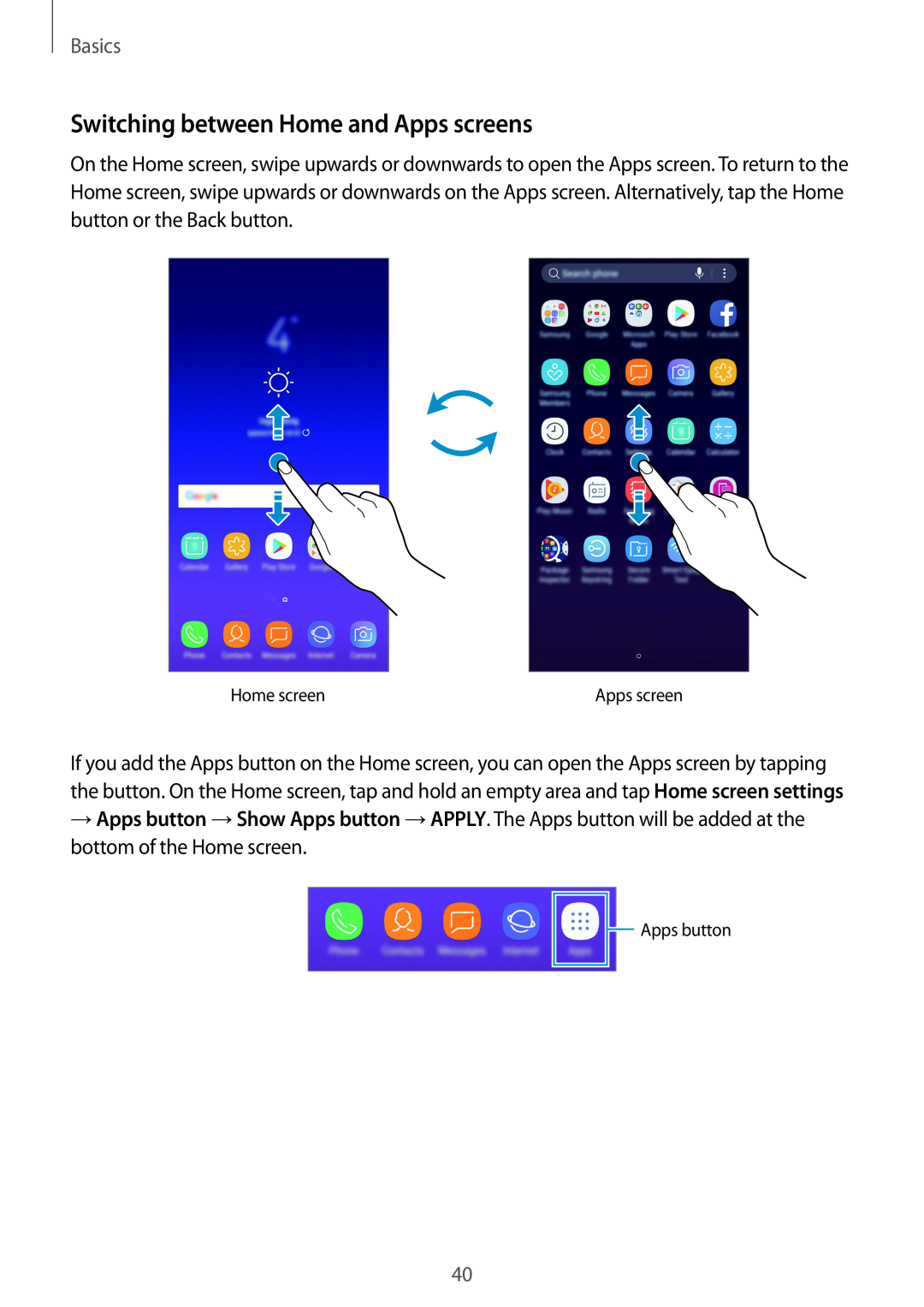 Samsung SM-A530FZDDCOS, SM-A530FZDDXEF, SM-A530FZVDXEF manual Switching between Home and Apps screens, Basics, Home screen 