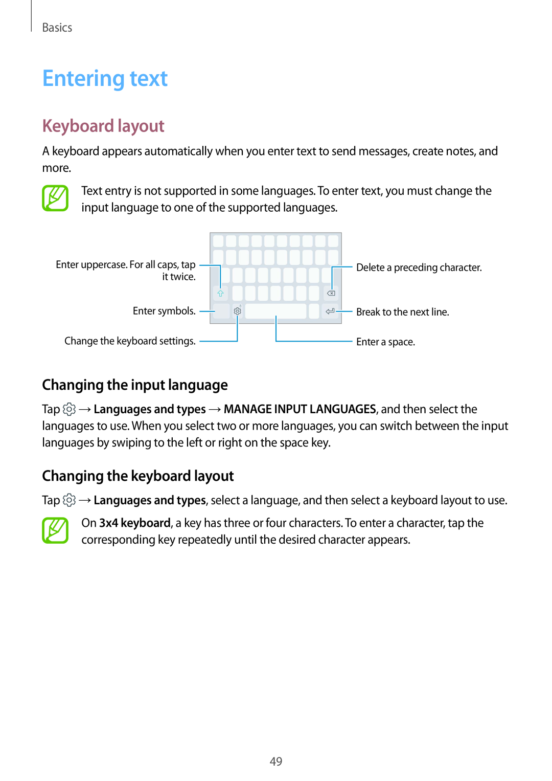 Samsung SM-A730FZDEILO Entering text, Keyboard layout, Changing the input language, Changing the keyboard layout, Basics 