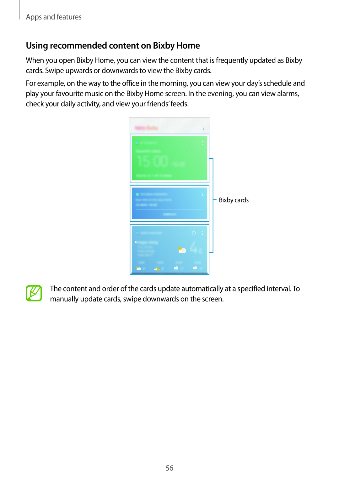 Samsung SM-A530FZKAPAN, SM-A530FZDDXEF manual Using recommended content on Bixby Home, Apps and features, Bixby cards 