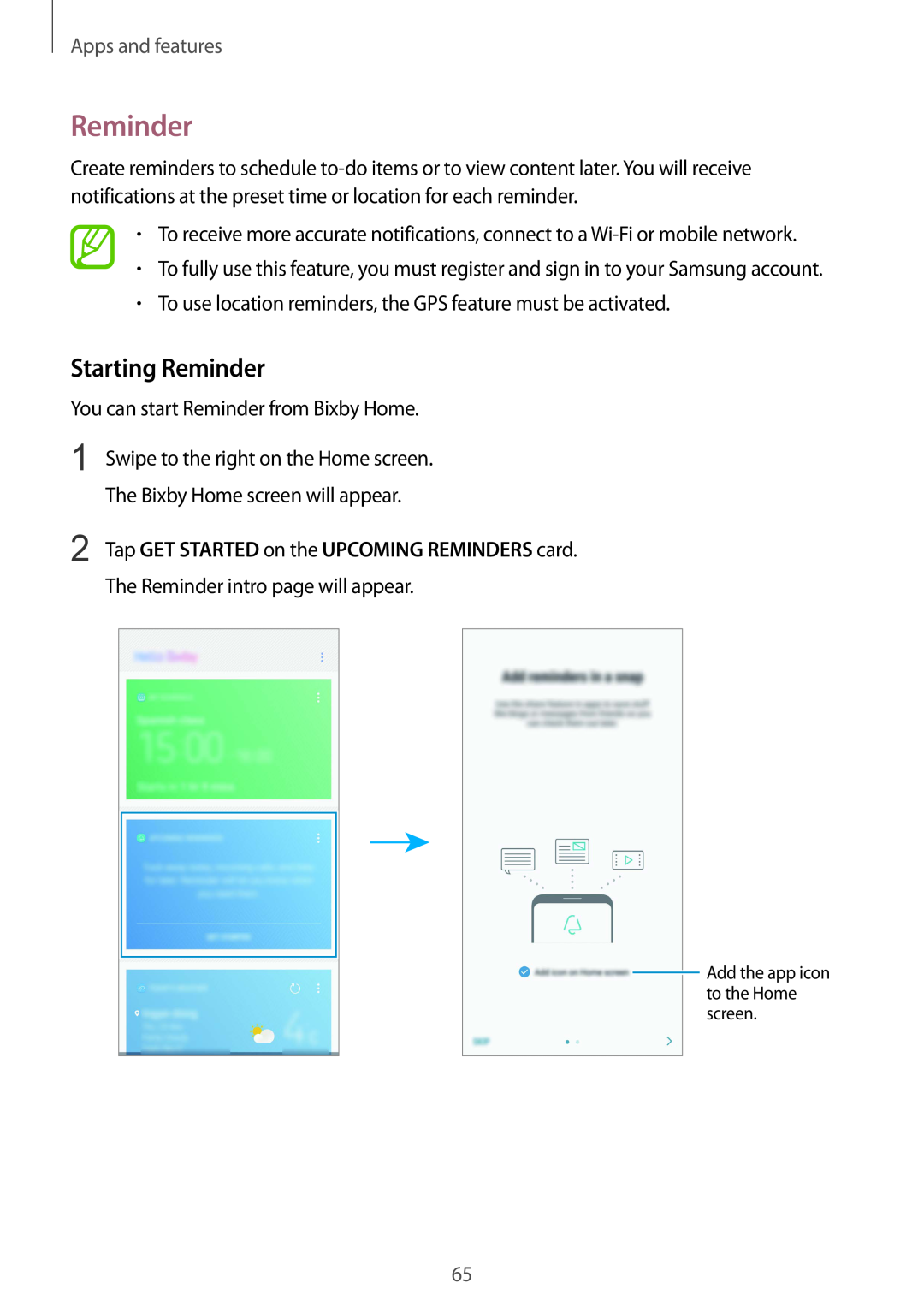 Samsung SM-A530FZVDXEF manual Starting Reminder, Tap GET STARTED on the UPCOMING REMINDERS card, Apps and features 