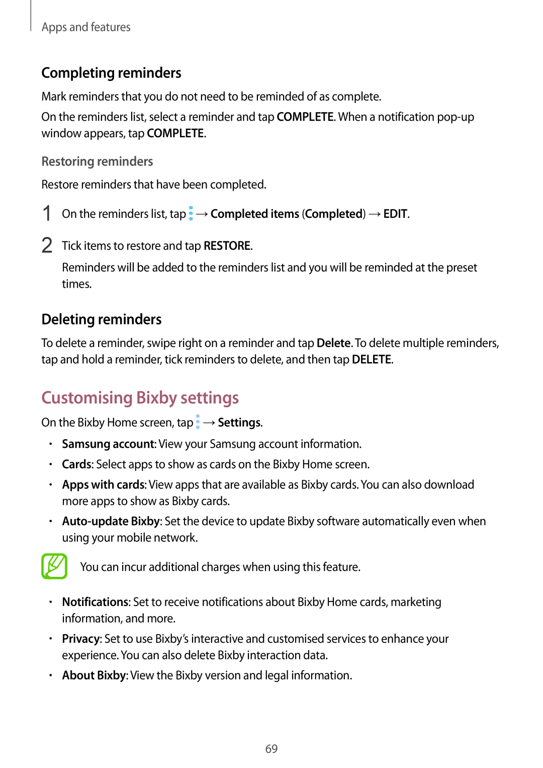 Samsung SM-A530FZVAFTM manual Customising Bixby settings, Completing reminders, Deleting reminders, Restoring reminders 