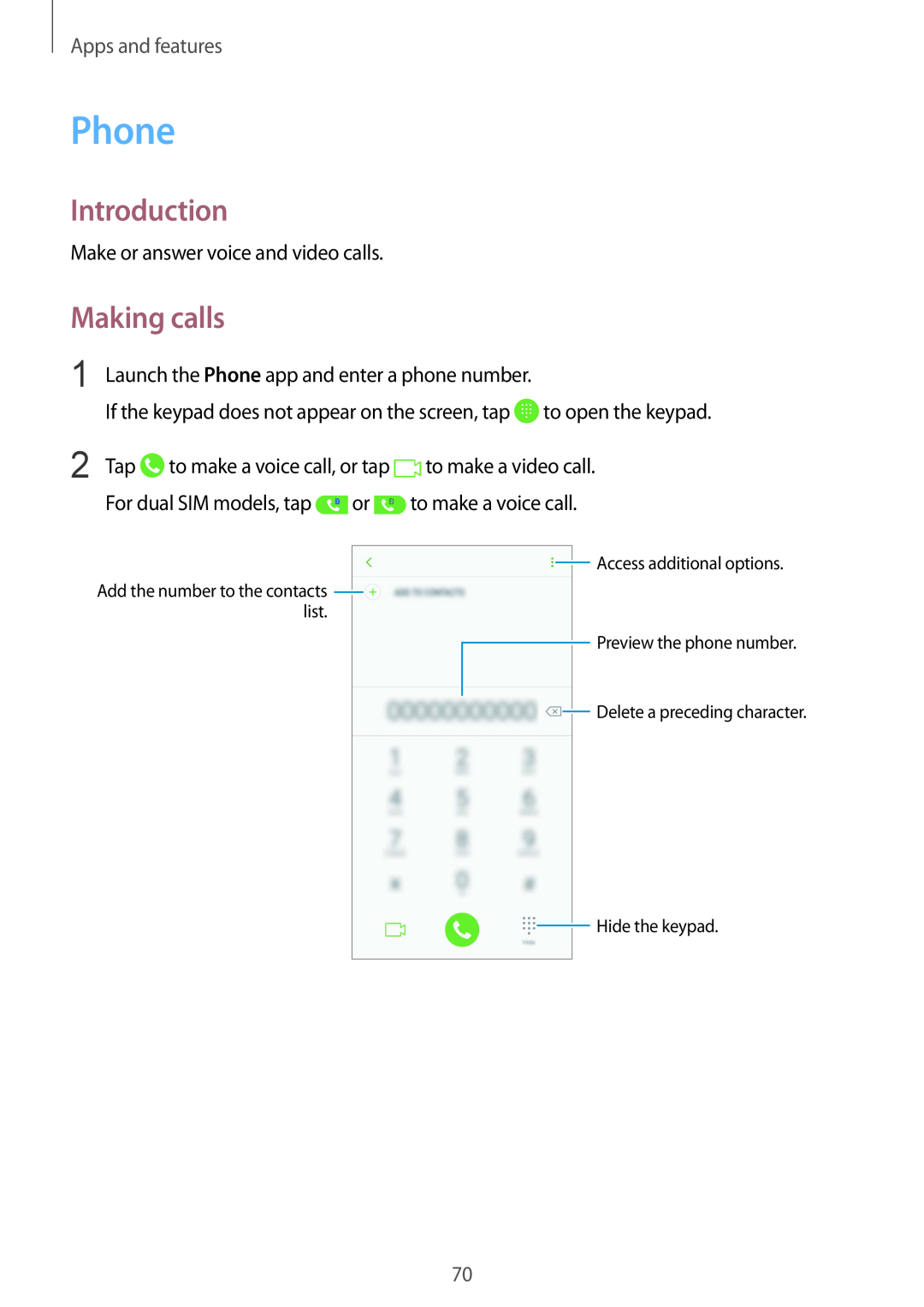 Samsung SM-A530FZVATIM manual Phone, Making calls, Introduction, Apps and features, Make or answer voice and video calls 
