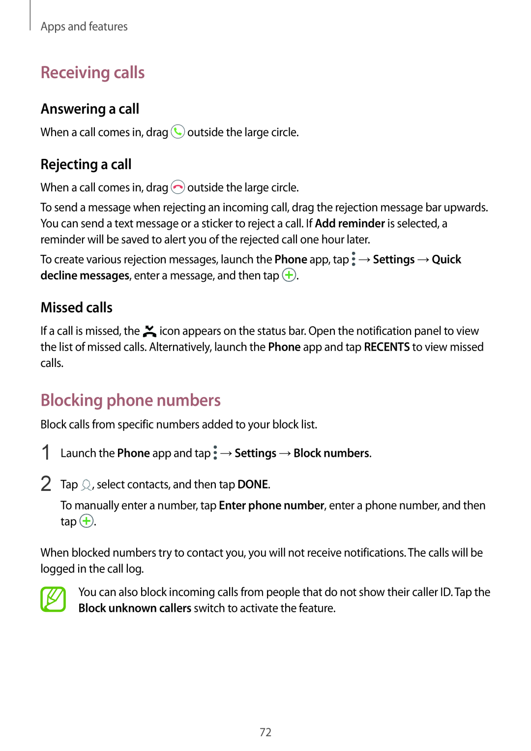 Samsung SM-A530FZKATIM manual Receiving calls, Blocking phone numbers, Answering a call, Rejecting a call, Missed calls 