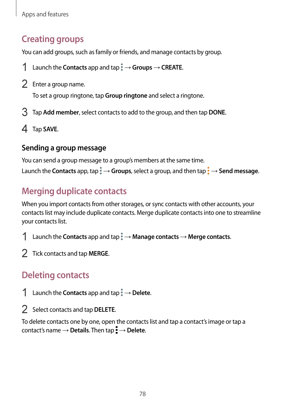 Samsung SM-A530FZKDITV manual Creating groups, Merging duplicate contacts, Deleting contacts, Sending a group message 