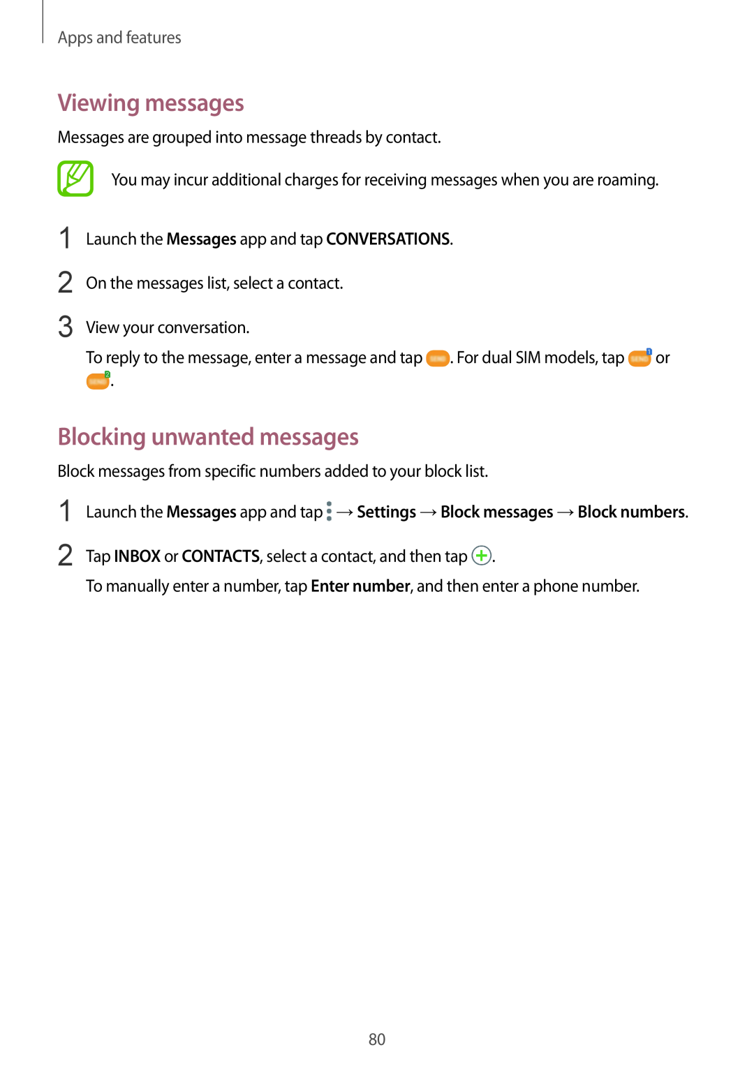 Samsung SM-A530FZVETUR, SM-A530FZDDXEF, SM-A530FZVDXEF manual Viewing messages, Blocking unwanted messages, Apps and features 