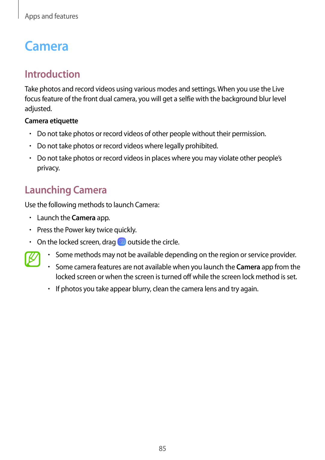 Samsung SM-A730FZDGKSA, SM-A530FZDDXEF manual Launching Camera, Camera etiquette, Introduction, Apps and features 