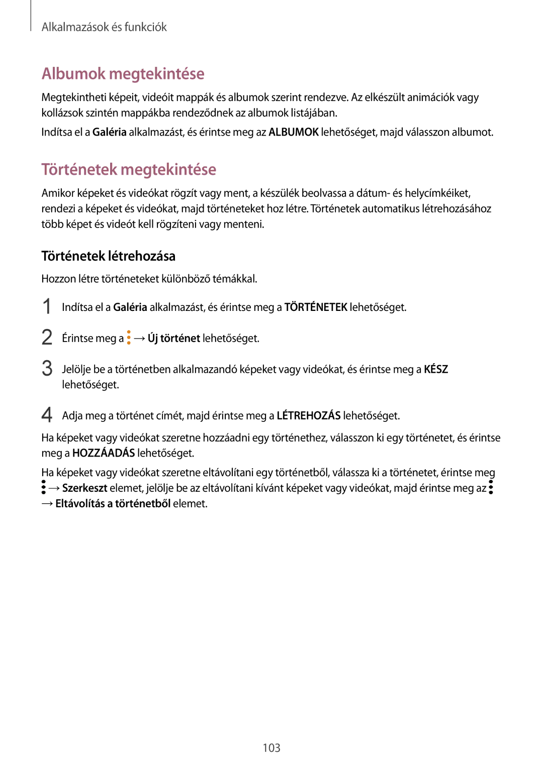 Samsung SM-A530FZKDXEH, SM-A530FZDDXEH manual Albumok megtekintése, Történetek megtekintése, Történetek létrehozása 