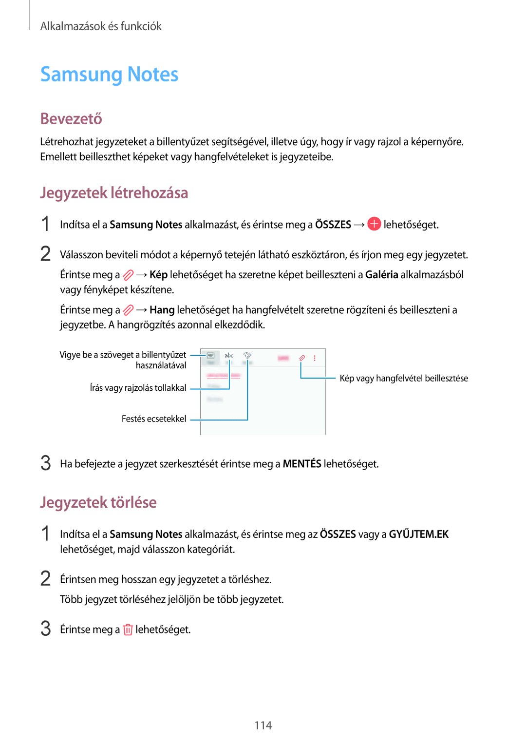 Samsung SM-A530FZDDXEH, SM-A530FZKDXEH, SM-A530FZVDXEH manual Samsung Notes, Jegyzetek létrehozása, Jegyzetek törlése 