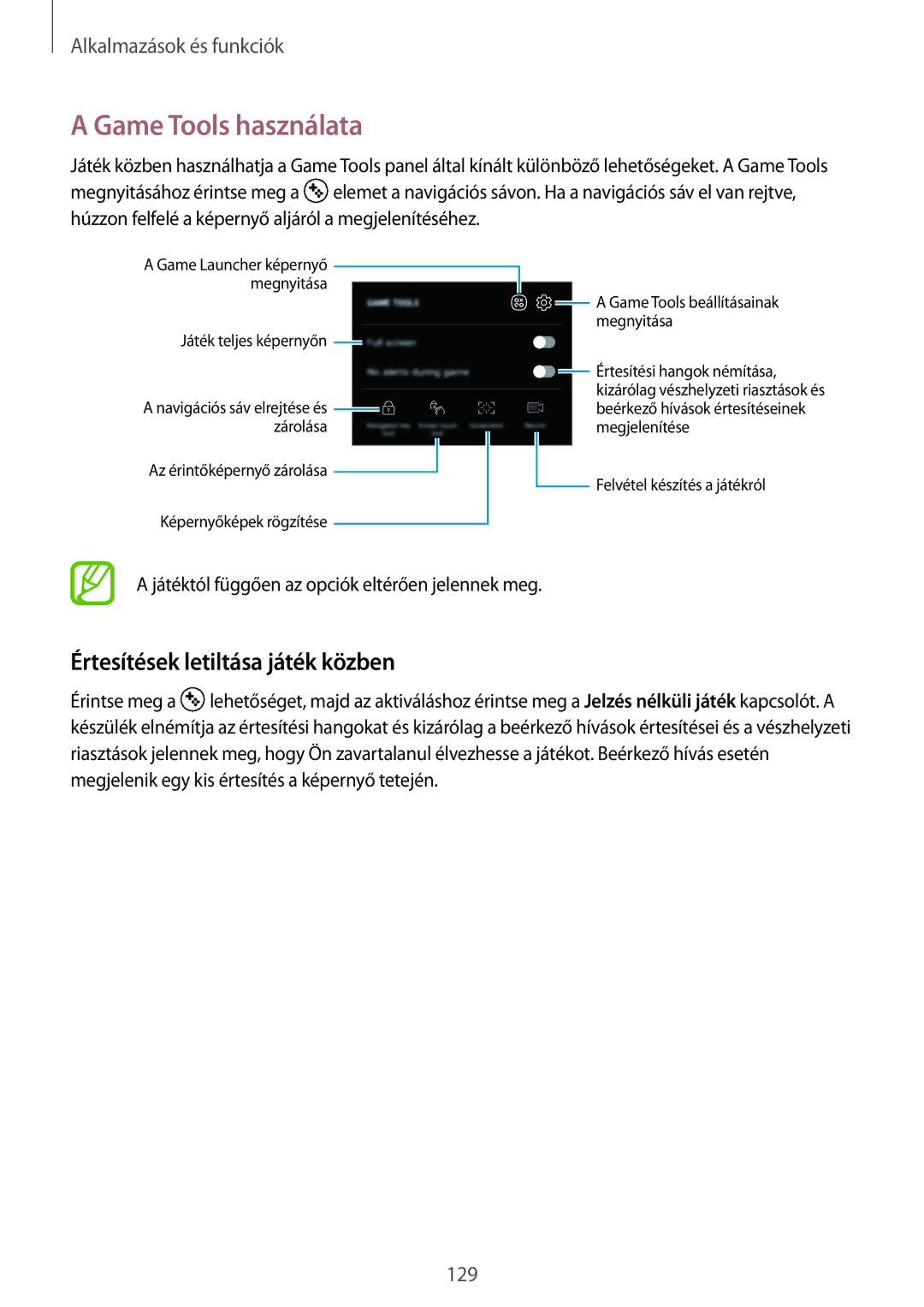 Samsung SM-A530FZVAPAN, SM-A530FZDDXEH, SM-A530FZKDXEH manual Game Tools használata, Értesítések letiltása játék közben 