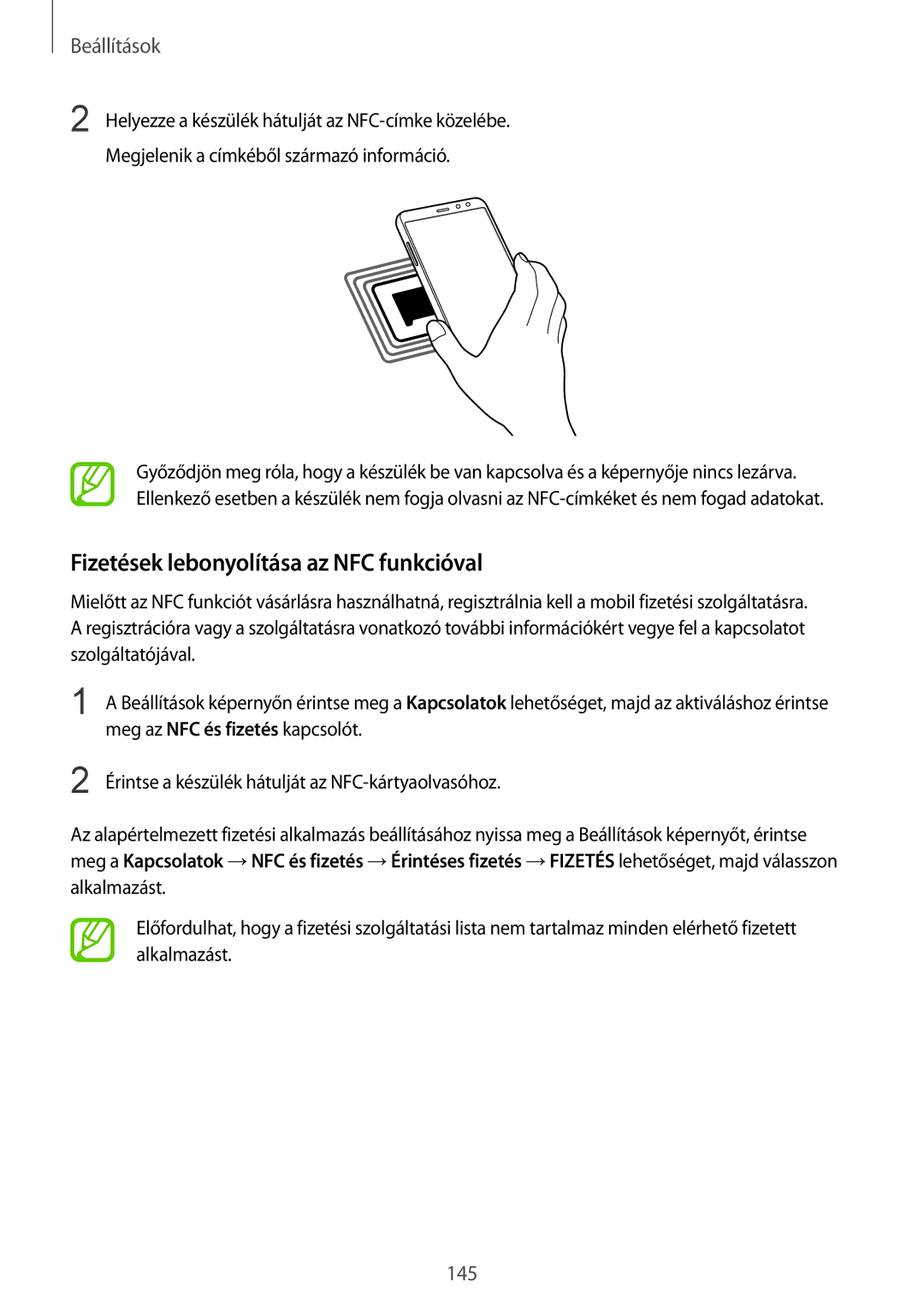 Samsung SM-A530FZKDXEH, SM-A530FZDDXEH manual Fizetések lebonyolítása az NFC funkcióval, Meg az NFC és fizetés kapcsolót 