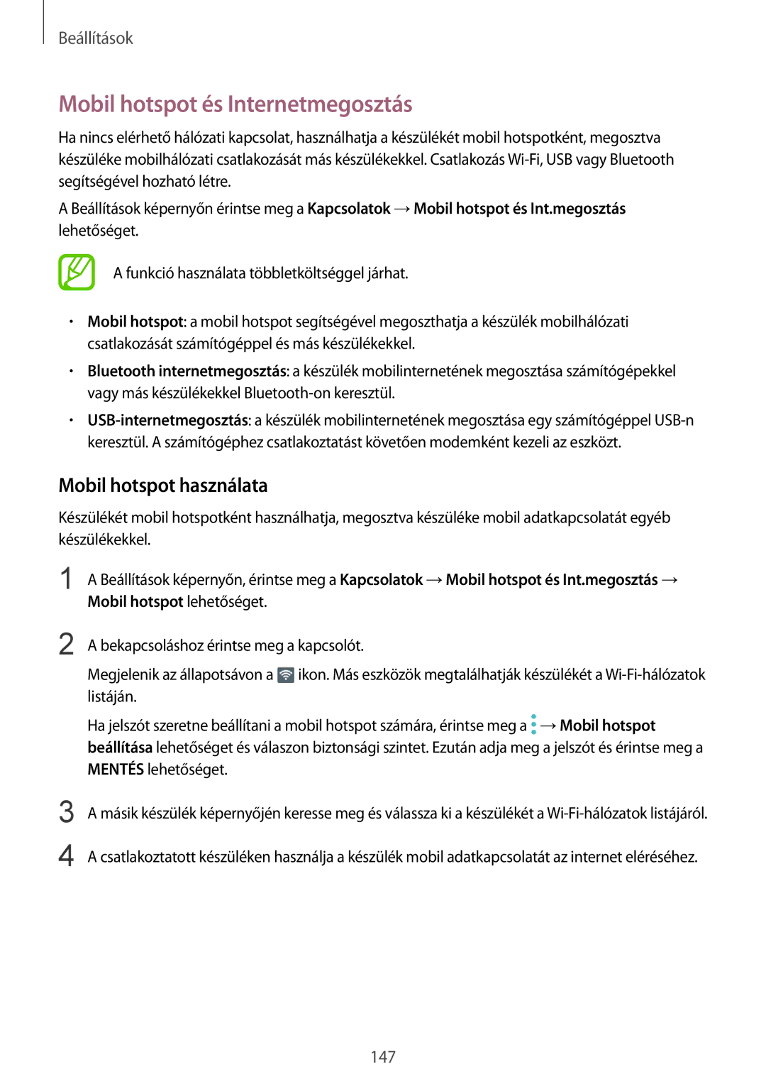 Samsung SM-A530FZVAPAN, SM-A530FZDDXEH, SM-A530FZKDXEH manual Mobil hotspot és Internetmegosztás, Mobil hotspot használata 