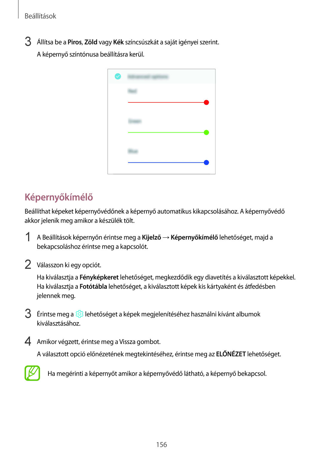 Samsung SM-A530FZDDXEH, SM-A530FZKDXEH, SM-A530FZVDXEH, SM-A530FZVAPAN, SM-A530FZKAPAN, SM-A530FZDAPAN manual Képernyőkímélő 