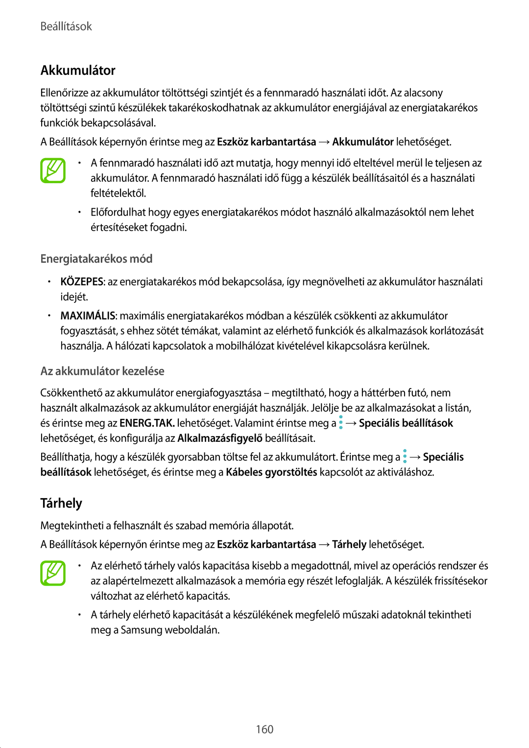 Samsung SM-A530FZKAPAN, SM-A530FZDDXEH, SM-A530FZKDXEH Akkumulátor, Tárhely, Energiatakarékos mód, Az akkumulátor kezelése 