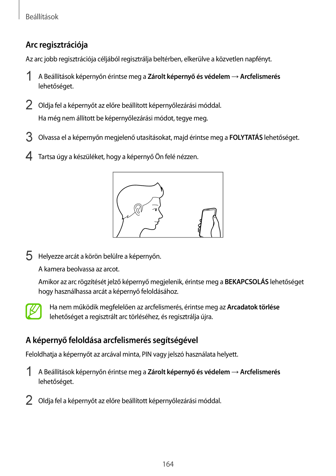 Samsung SM-A530FZVDXEH, SM-A530FZDDXEH manual Arc regisztrációja, Képernyő feloldása arcfelismerés segítségével, Lehetőséget 