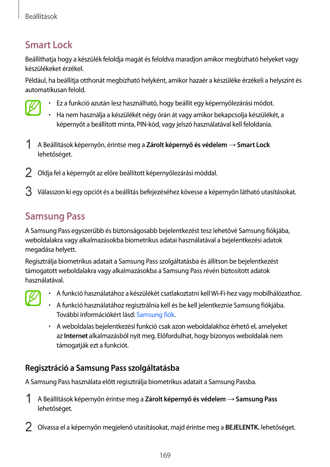 Samsung SM-A530FZKDXEH, SM-A530FZDDXEH, SM-A530FZVDXEH manual Smart Lock, Regisztráció a Samsung Pass szolgáltatásba 