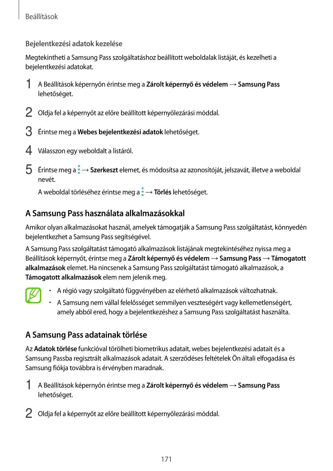 Samsung SM-A530FZVAPAN, SM-A530FZDDXEH manual Samsung Pass használata alkalmazásokkal, Samsung Pass adatainak törlése 